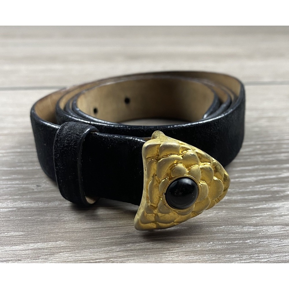 Donna Karan Women's Leather Belt Black Gold Buckle Large Read